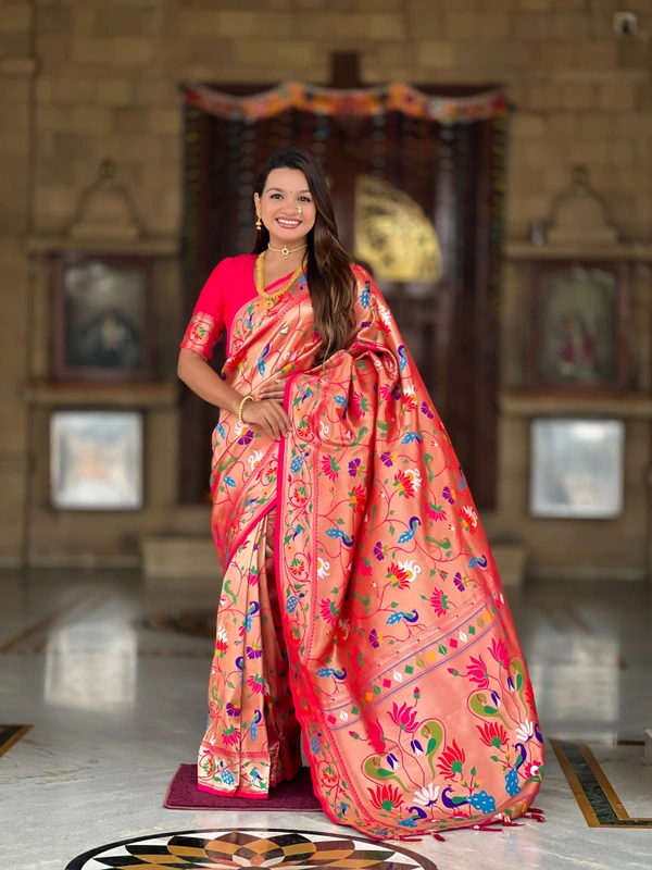 PAITHANI_HOUSE249 Kanjivaram Paithani Silk Saree � Soft Silk with Meenakari Zari Weaving & Rich Swan Border Pallu - RANI PINK
