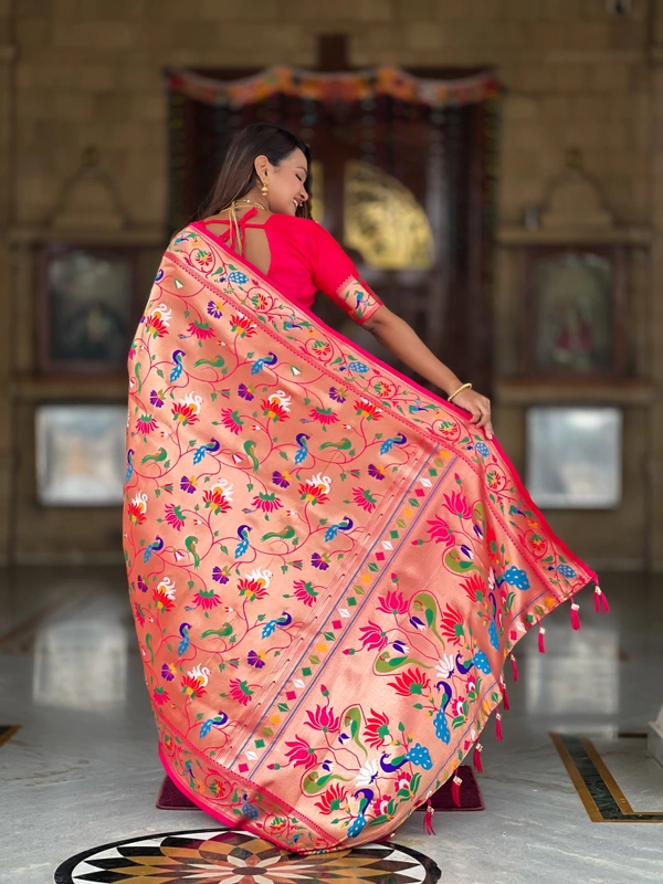 PAITHANI_HOUSE249 Kanjivaram Paithani Silk Saree � Soft Silk with Meenakari Zari Weaving & Rich Swan Border Pallu - RANI PINK