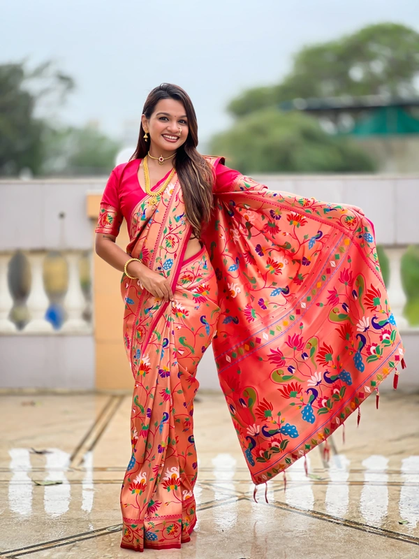 PAITHANI_HOUSE249 Kanjivaram Paithani Silk Saree � Soft Silk with Meenakari Zari Weaving & Rich Swan Border Pallu - RANI PINK