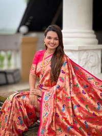 PAITHANI_HOUSE249 Kanjivaram Paithani Silk Saree � Soft Silk with Meenakari Zari Weaving & Rich Swan Border Pallu - RANI PINK