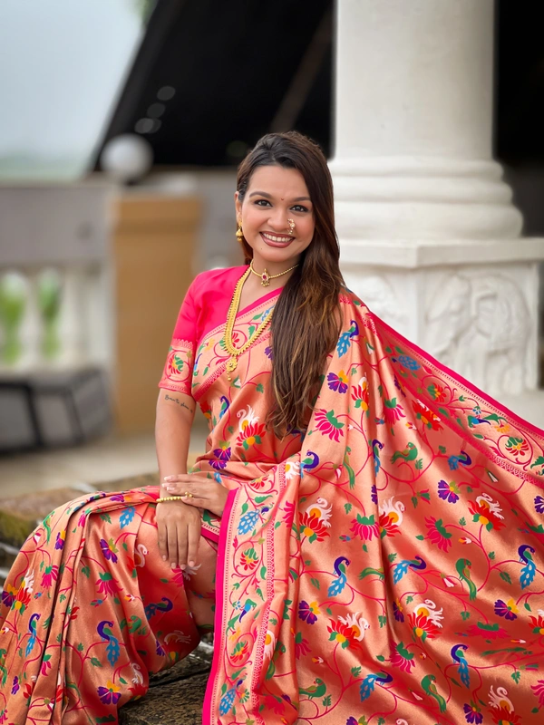 PAITHANI_HOUSE249 Kanjivaram Paithani Silk Saree � Soft Silk with Meenakari Zari Weaving & Rich Swan Border Pallu - RANI PINK