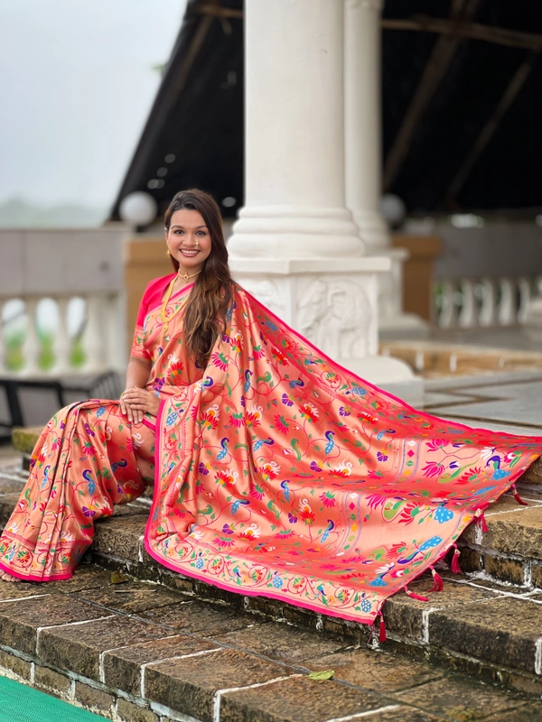 PAITHANI_HOUSE249 Kanjivaram Paithani Silk Saree � Soft Silk with Meenakari Zari Weaving & Rich Swan Border Pallu - RANI PINK