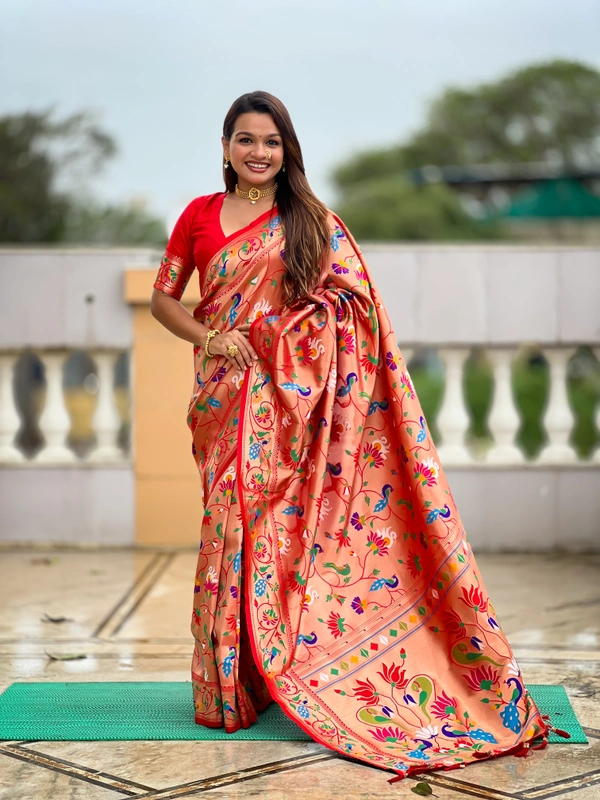 PAITHANI_HOUSE250 Kanjivaram Paithani Silk Saree � Soft Silk with Meenakari Zari Weaving & Rich Swan Border Pallu - Red
