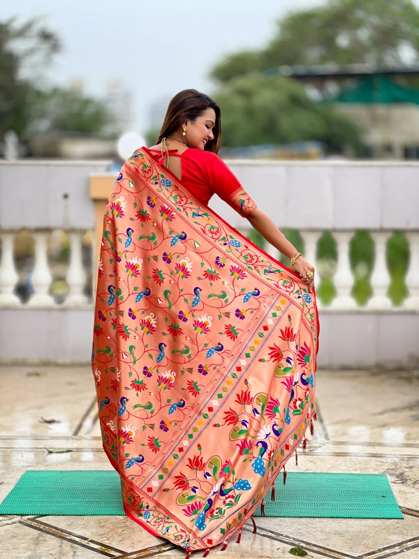 PAITHANI_HOUSE250 Kanjivaram Paithani Silk Saree � Soft Silk with Meenakari Zari Weaving & Rich Swan Border Pallu - Red