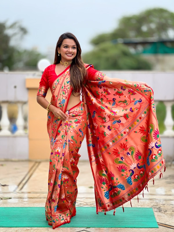 PAITHANI_HOUSE250 Kanjivaram Paithani Silk Saree � Soft Silk with Meenakari Zari Weaving & Rich Swan Border Pallu - Red