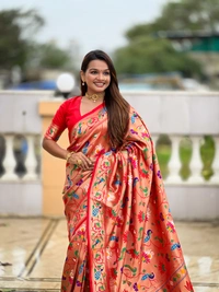 PAITHANI_HOUSE250 Kanjivaram Paithani Silk Saree � Soft Silk with Meenakari Zari Weaving & Rich Swan Border Pallu - Red