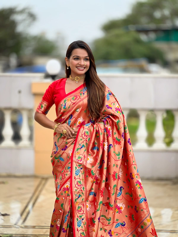PAITHANI_HOUSE250 Kanjivaram Paithani Silk Saree � Soft Silk with Meenakari Zari Weaving & Rich Swan Border Pallu - Red