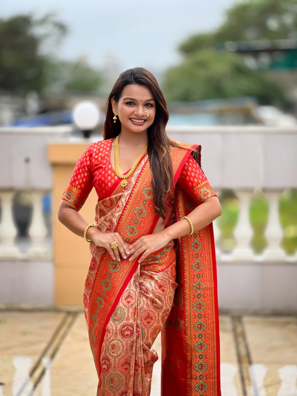 PAITHANI_HOUSE252 Kanjivaram Silk Saree � Soft Silk with Meenakari Zari Weaving & Rich Swan Border Pallu - RED