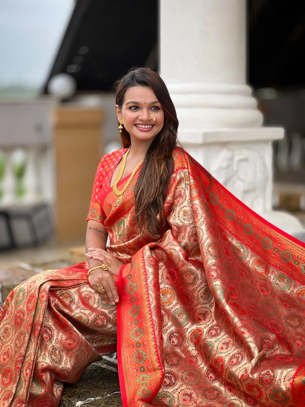 PAITHANI_HOUSE252 Kanjivaram Silk Saree � Soft Silk with Meenakari Zari Weaving & Rich Swan Border Pallu - RED