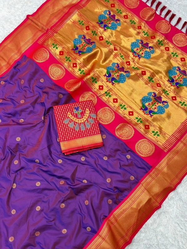 KSP-005 Premium Silk Paithani Saree with Rich Zari Peacock Pallu and Traditional Border - FREE, Deep Violet