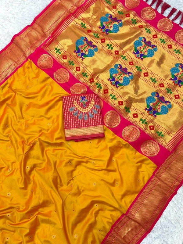 KSP-005 Premium Silk Paithani Saree with Rich Zari Peacock Pallu and Traditional Border - FREE, Mustard Yellow