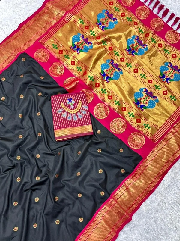 KSP-005 Premium Silk Paithani Saree with Rich Zari Peacock Pallu and Traditional Border - FREE, Black