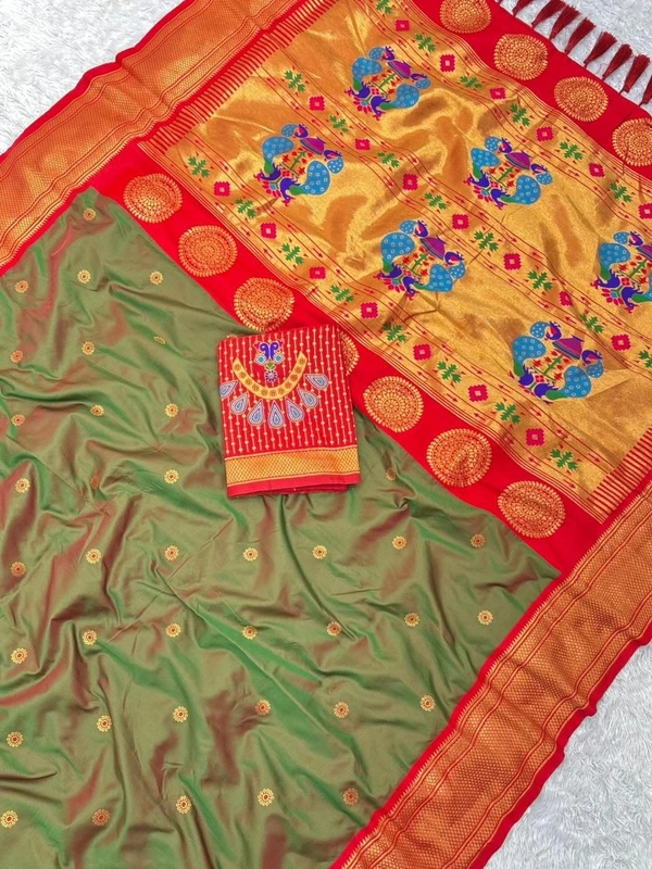 KSP-005 Premium Silk Paithani Saree with Rich Zari Peacock Pallu and Traditional Border - FREE, Mehendi Green
