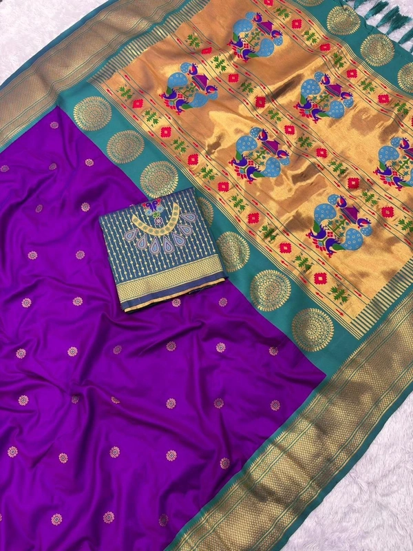 KSP-005 Premium Silk Paithani Saree with Rich Zari Peacock Pallu and Traditional Border - FREE, Purple