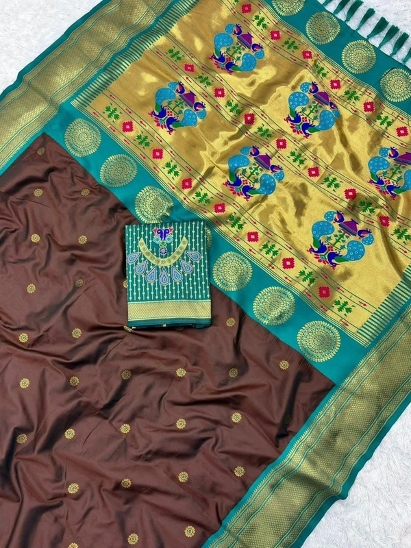 KSP-005 Premium Silk Paithani Saree with Rich Zari Peacock Pallu and Traditional Border - FREE, Chocolate Brown