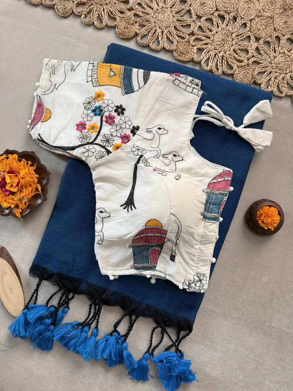 PAITHANI_HOUSE11 Latest Khadi Saree, Adjustable Blouse, Stitched Blouse -CF- 198 - FREE, NAVY BLUE