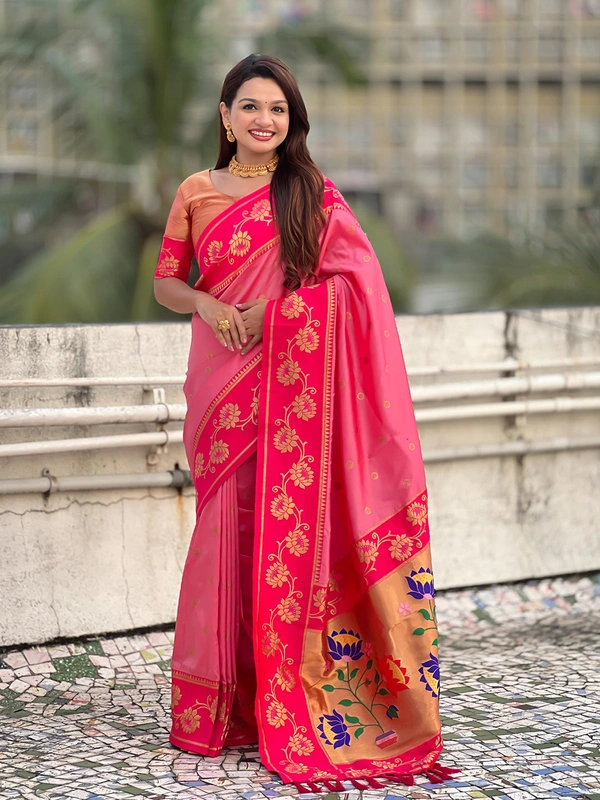 Lotus Paithani Soft Silk Saree with Gold Zari Floral Motifs & Meenakari Pallu