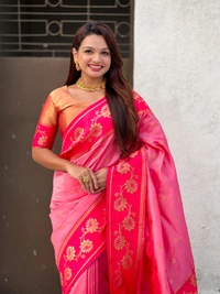 Lotus Paithani Soft Silk Saree with Gold Zari Floral Motifs & Meenakari Pallu - FREE, BABY PINK