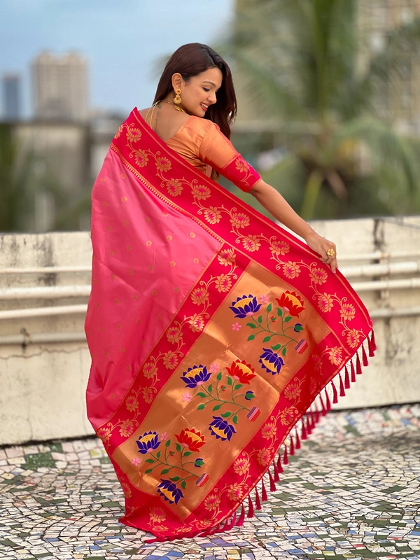 Lotus Paithani Soft Silk Saree with Gold Zari Floral Motifs & Meenakari Pallu - FREE, BABY PINK