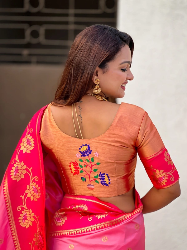 Lotus Paithani Soft Silk Saree with Gold Zari Floral Motifs & Meenakari Pallu - FREE, BABY PINK