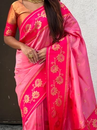 Lotus Paithani Soft Silk Saree with Gold Zari Floral Motifs & Meenakari Pallu - FREE, BABY PINK