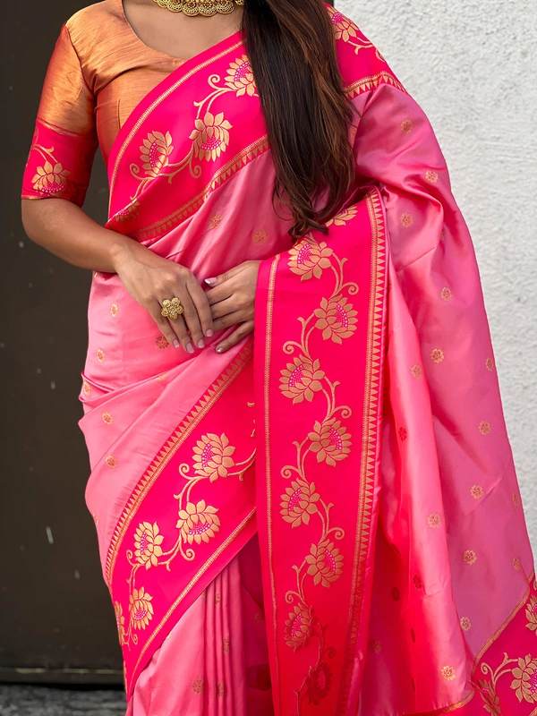 Lotus Paithani Soft Silk Saree with Gold Zari Floral Motifs & Meenakari Pallu - FREE, BABY PINK