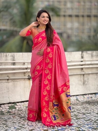 Lotus Paithani Soft Silk Saree with Gold Zari Floral Motifs & Meenakari Pallu - FREE, BABY PINK