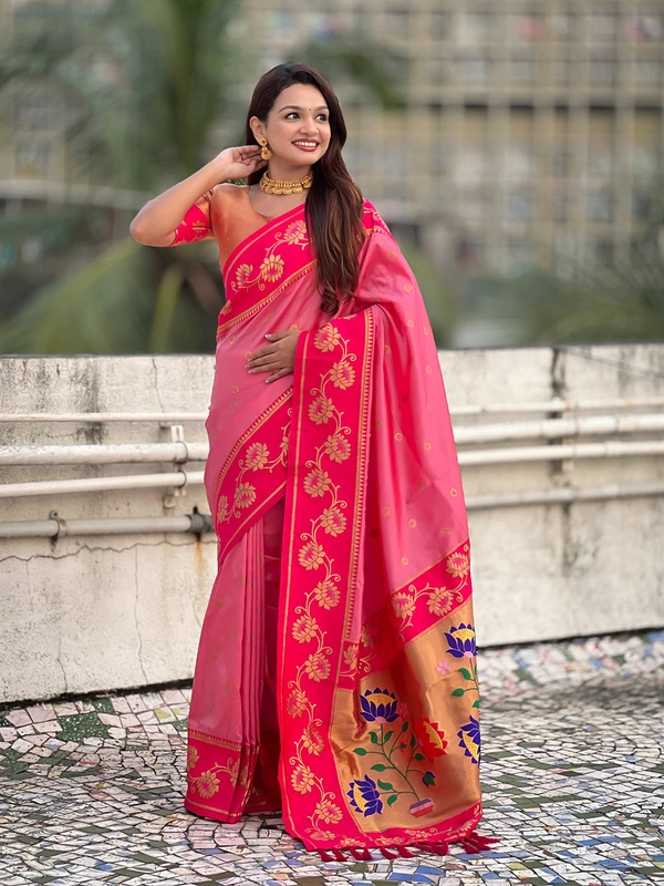 Lotus Paithani Soft Silk Saree with Gold Zari Floral Motifs & Meenakari Pallu - FREE, BABY PINK