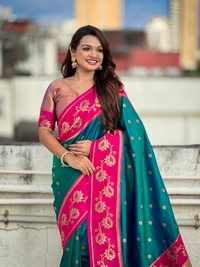 Lotus Paithani Soft Silk Saree with Gold Zari Floral Motifs & Meenakari Pallu - FREE, P.GREEN