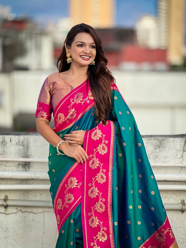 Lotus Paithani Soft Silk Saree with Gold Zari Floral Motifs & Meenakari Pallu - FREE, P.GREEN