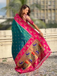 Lotus Paithani Soft Silk Saree with Gold Zari Floral Motifs & Meenakari Pallu - FREE, P.GREEN