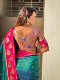 Lotus Paithani Soft Silk Saree with Gold Zari Floral Motifs & Meenakari Pallu - FREE, P.GREEN