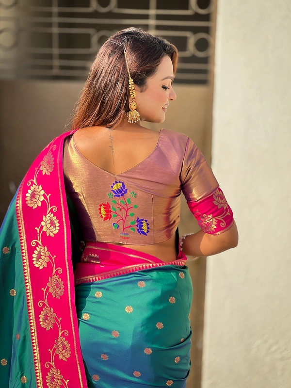Lotus Paithani Soft Silk Saree with Gold Zari Floral Motifs & Meenakari Pallu - FREE, P.GREEN