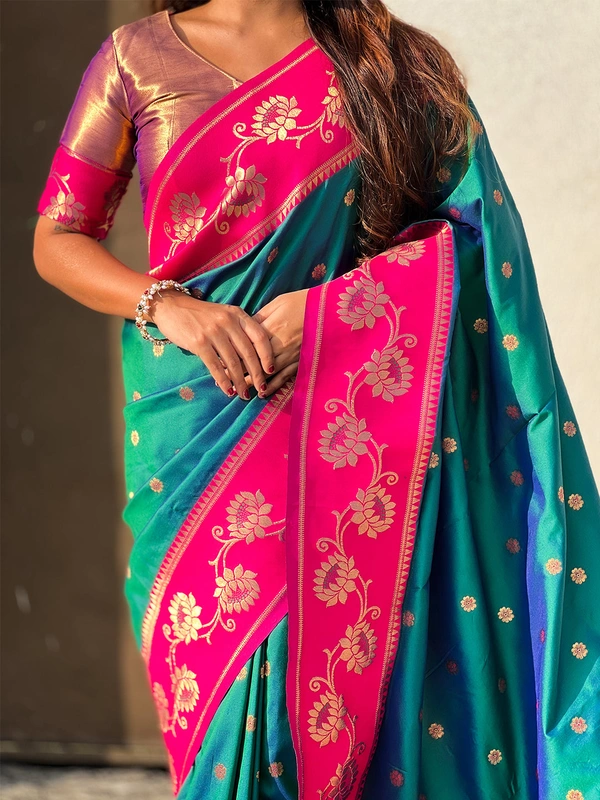 Lotus Paithani Soft Silk Saree with Gold Zari Floral Motifs & Meenakari Pallu - FREE, P.GREEN