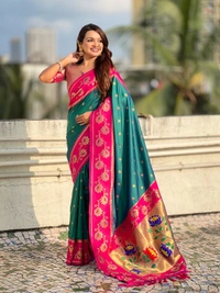 Lotus Paithani Soft Silk Saree with Gold Zari Floral Motifs & Meenakari Pallu - FREE, P.GREEN