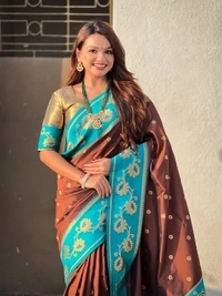 Lotus Paithani Soft Silk Saree with Gold Zari Floral Motifs & Meenakari Pallu - FREE, COFFEE