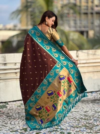Lotus Paithani Soft Silk Saree with Gold Zari Floral Motifs & Meenakari Pallu - FREE, COFFEE
