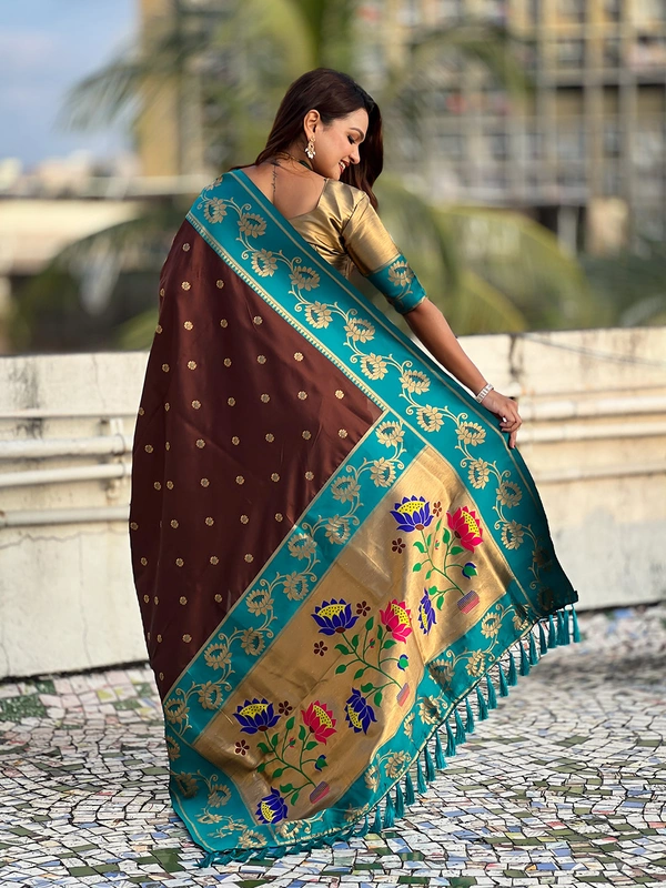 Lotus Paithani Soft Silk Saree with Gold Zari Floral Motifs & Meenakari Pallu - FREE, COFFEE