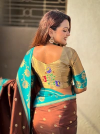 Lotus Paithani Soft Silk Saree with Gold Zari Floral Motifs & Meenakari Pallu - FREE, COFFEE