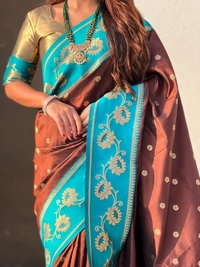 Lotus Paithani Soft Silk Saree with Gold Zari Floral Motifs & Meenakari Pallu - FREE, COFFEE