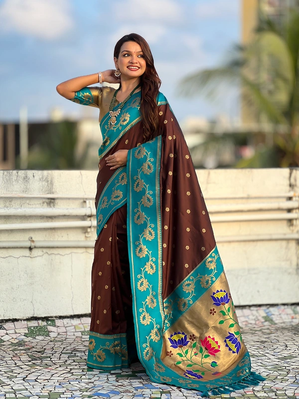 Lotus Paithani Soft Silk Saree with Gold Zari Floral Motifs & Meenakari Pallu - FREE, COFFEE