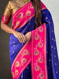 Lotus Paithani Soft Silk Saree with Gold Zari Floral Motifs & Meenakari Pallu - FREE, VIOLET