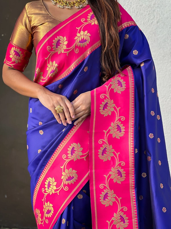 Lotus Paithani Soft Silk Saree with Gold Zari Floral Motifs & Meenakari Pallu - FREE, VIOLET