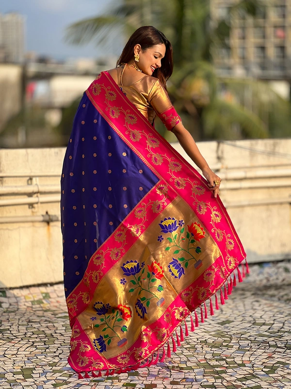 Lotus Paithani Soft Silk Saree with Gold Zari Floral Motifs & Meenakari Pallu - FREE, VIOLET