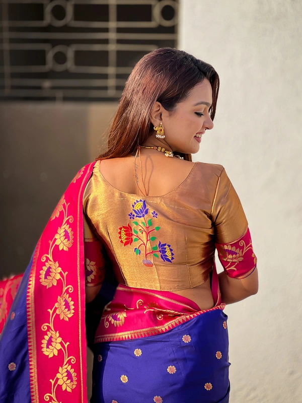 Lotus Paithani Soft Silk Saree with Gold Zari Floral Motifs & Meenakari Pallu - FREE, VIOLET