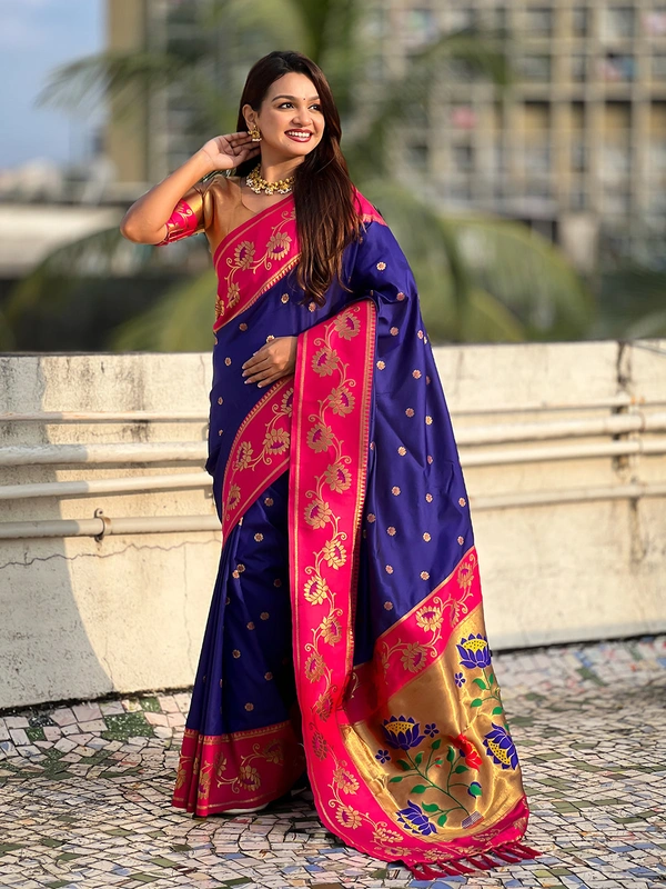 Lotus Paithani Soft Silk Saree with Gold Zari Floral Motifs & Meenakari Pallu - FREE, VIOLET