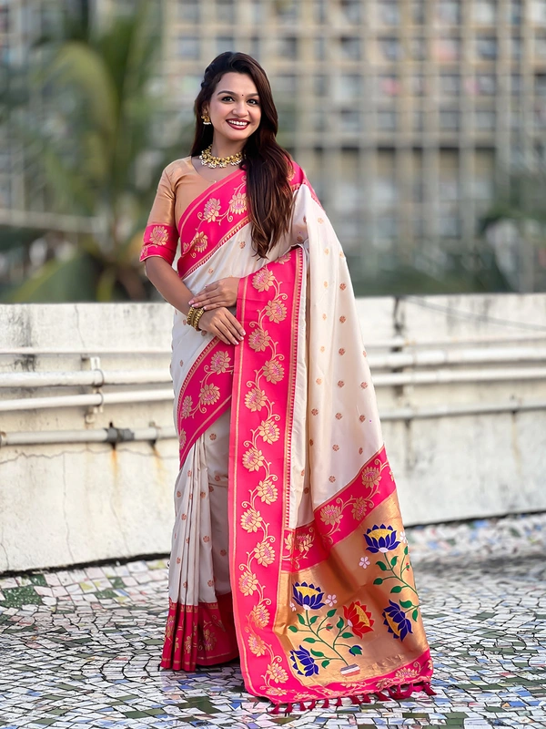 Lotus Paithani Soft Silk Saree with Gold Zari Floral Motifs & Meenakari Pallu