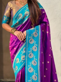 Lotus Paithani Soft Silk Saree with Gold Zari Floral Motifs & Meenakari Pallu - FREE, PURPLE RAMA