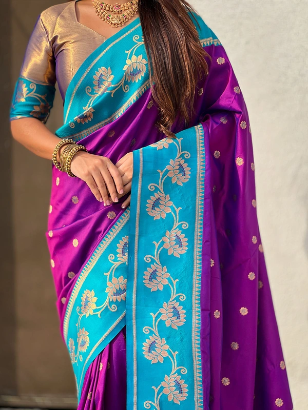 Lotus Paithani Soft Silk Saree with Gold Zari Floral Motifs & Meenakari Pallu - FREE, PURPLE RAMA