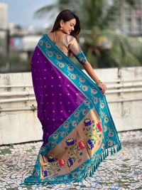 Lotus Paithani Soft Silk Saree with Gold Zari Floral Motifs & Meenakari Pallu - FREE, PURPLE RAMA